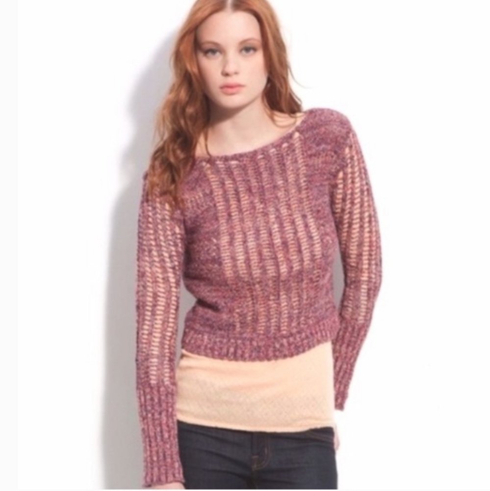 Free People Multicolored Open Knit Sweater Pull On Cropped Pink Red Purple Small